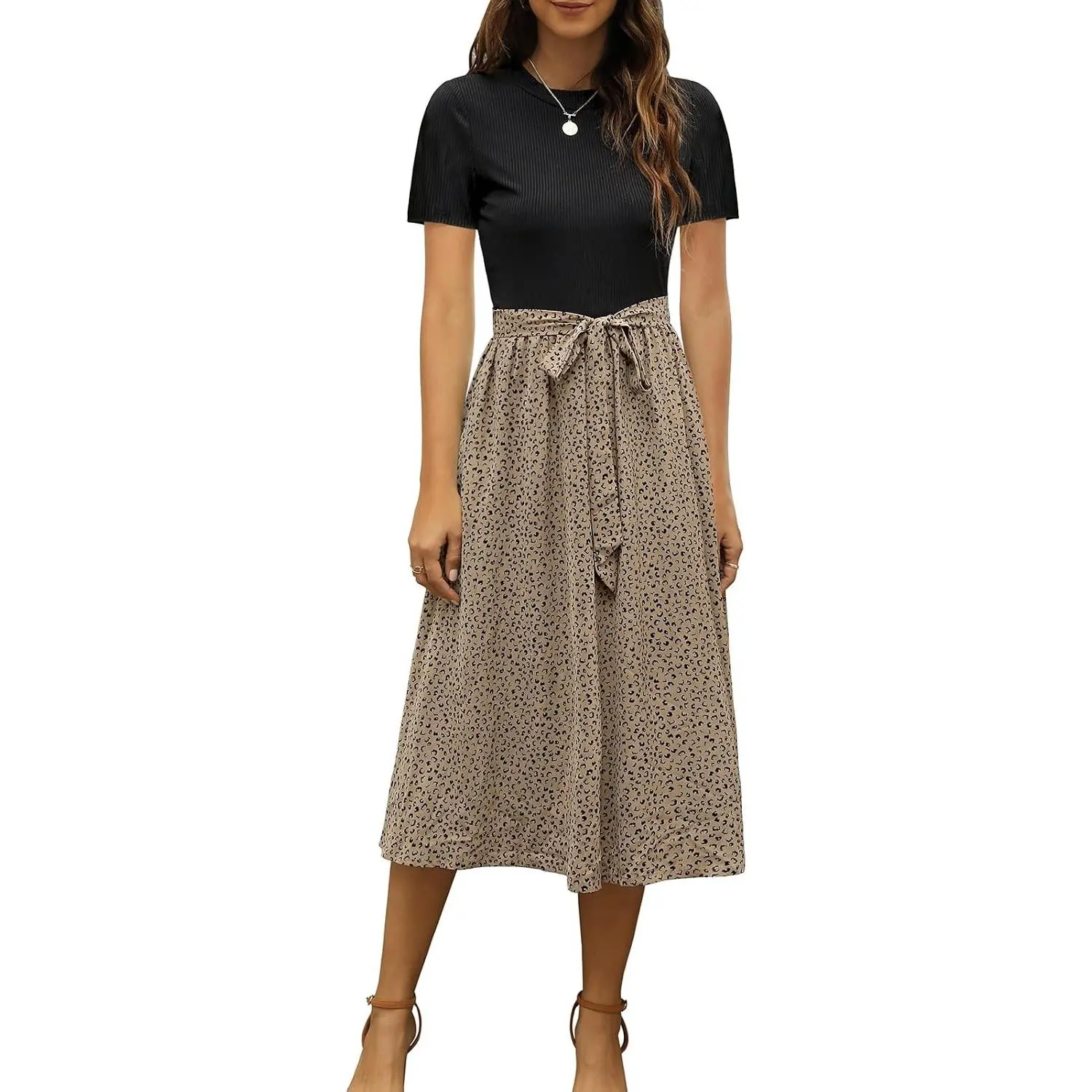 Women's 2026 Summer Ribbed Short-Sleeve Maternity Midi Dress - Cute Modest Workwear Clothes with Belt for Church, Business Casual Outfits, Simple