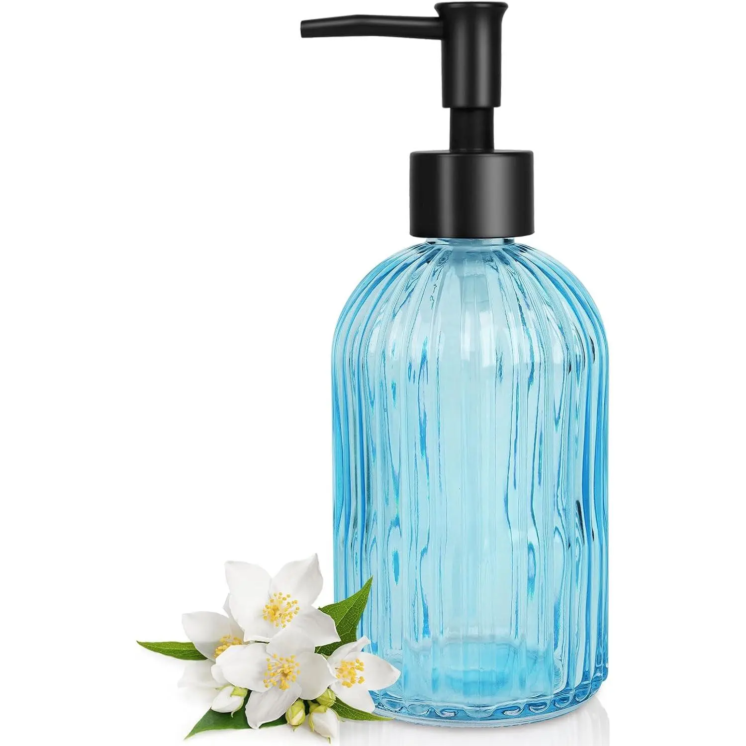 Light Blue Striped Glass Soap Dispenser with Black Plastic Rustproof Pump, 400ml Glass Bottle for Kitchen/Bath, Modern Shape Liquid Hand Soap & Essential Oil Container