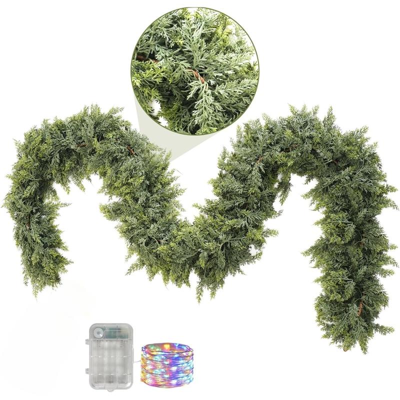 9ft Pre-Lit Christmas Pine Garland with 50 LED Lights Realistic Faux Greenery for Mantle Stair & Fireplace Battery Operated Remote Control Indoor Outdoor Decorations, Get Free Gift
