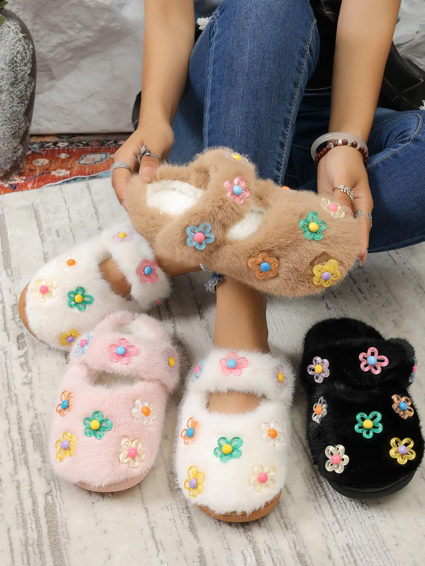 Women's Cute Floral Velvet Slippers, Soft Cotton Home Shoes, Non-Slip Rubber Sole, Thick Bottom, All-Season Comfort, Sweet Style