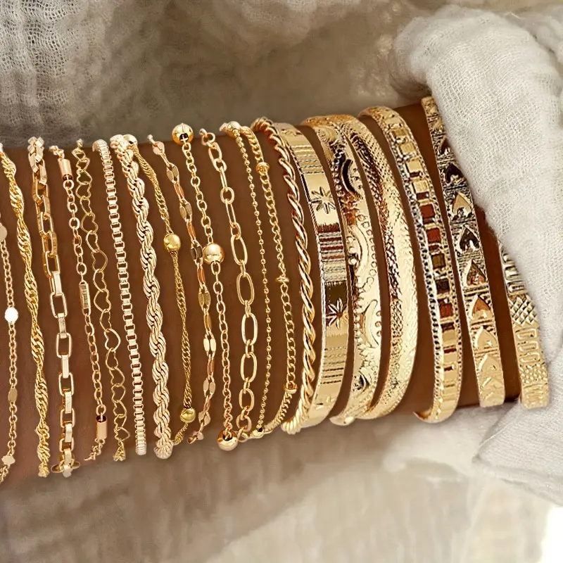 20pcs/Set Elegant Women's Bracelets, Fashion High-Quality Bracelets, Versatile Accessories for Daily Wear, Ideal Gifts, Perfect for Any Occasion, Stackable Bracelet Set, Alloy Chain Bracelet, Bracelet Jewelry