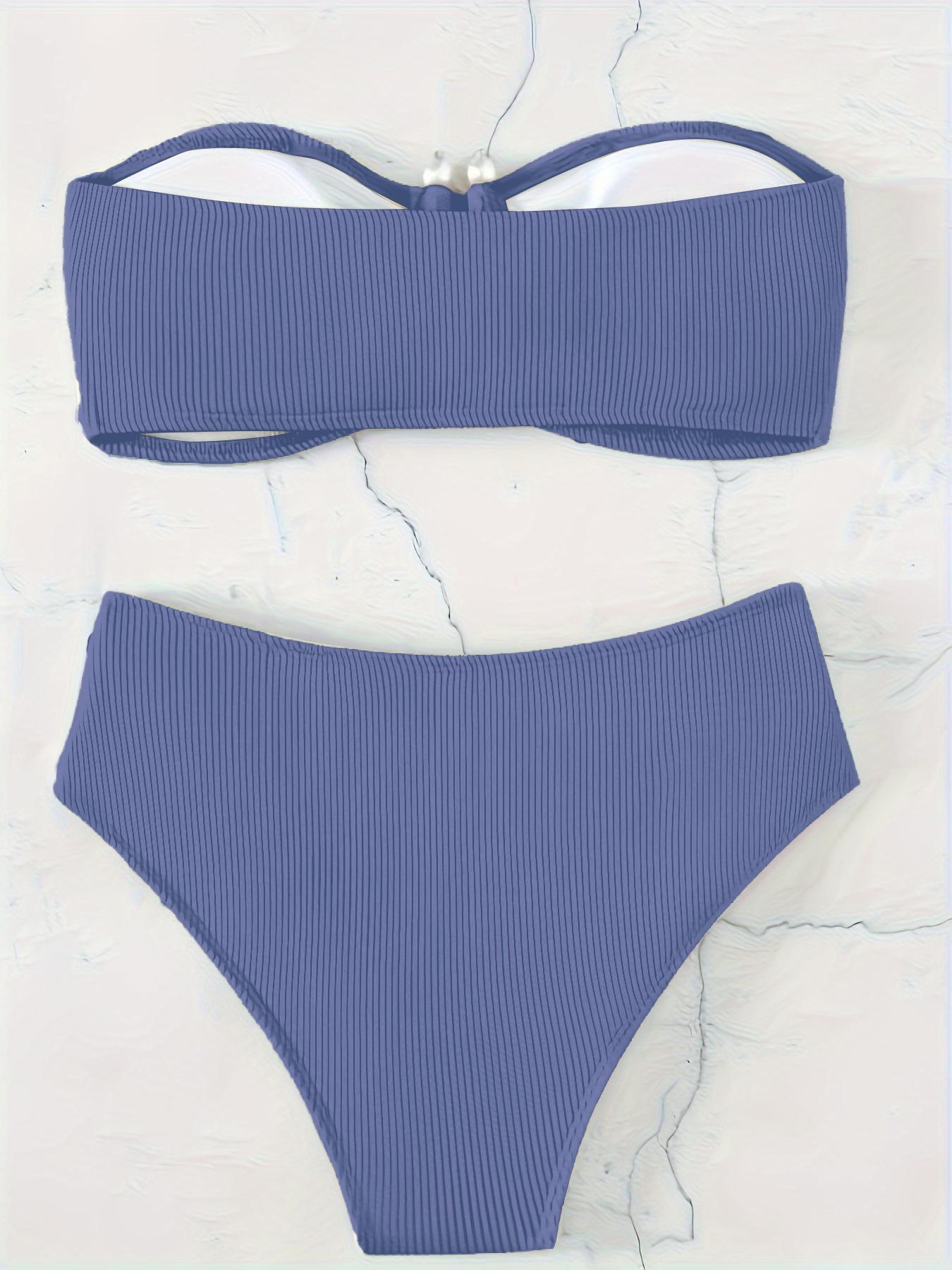 Two-Piece Set Women's Solid Ruched Bandeau Bra & Knot Front Panty Bikini Set, Bandeau Bikini Sets, Casual Sleeveless Swim Top & Swim Bottom Swimsuit Set, Ladies Summer Swimwear for Beach Holiday Vacation