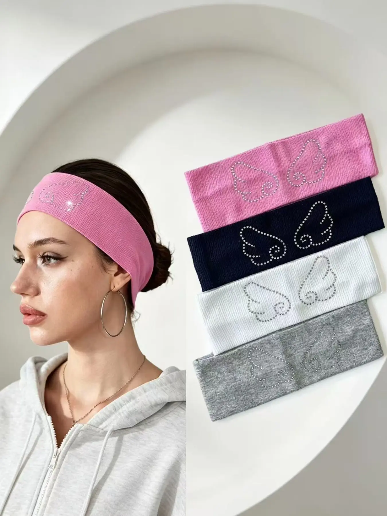 4 Pack Y2K Rhinestone Angel Wing Wide Stretch Knit Headbands for Women, Soft Elastic Non Slip Hair Bands, Trendy Cute Hair Accessories for Face Washing, Skincare, Yoga, Workout & Daily Streetwear Outfits