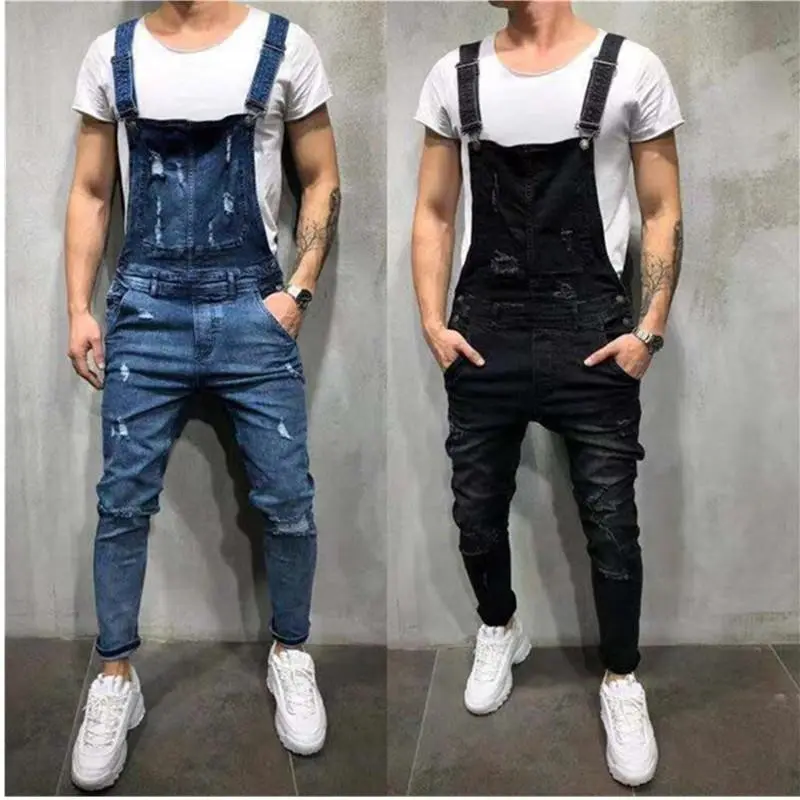 Men's 2023 New Fashion High Street Ripped Denim Overalls Hip Hop Cargo Bib Dungarees Jumpsuits for Men
