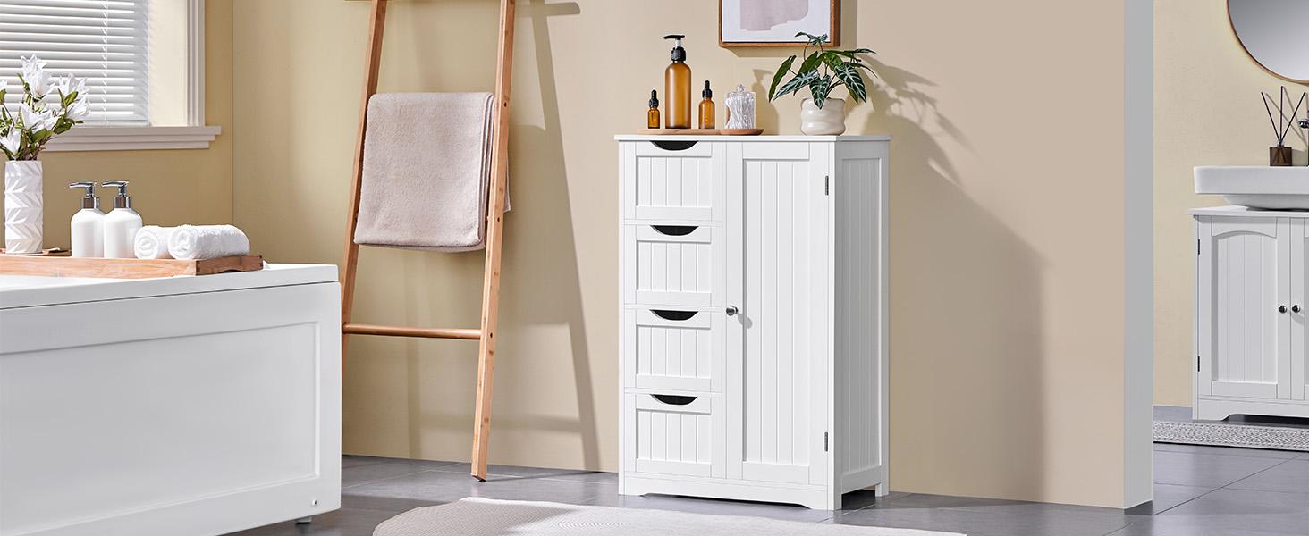 Wooden Floor Cabinet, Side Storage Organizer with 4 Drawers and 1 Cupboard, Freestanding Entryway Storage Unit Console Table, Bathroom Furniture Home Decor, White