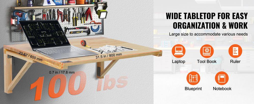 TikTokShopBlackFridayVEVOR Wall Mounted Folding Table, 31.5" x 23.62" Wall Mount Drop Leaf Table, Wooden Floating Desk with Iron Bracket, Fold Down Desk for Small Spaces, Home Office, Dining, Laundry Room, Kitchen, Bar