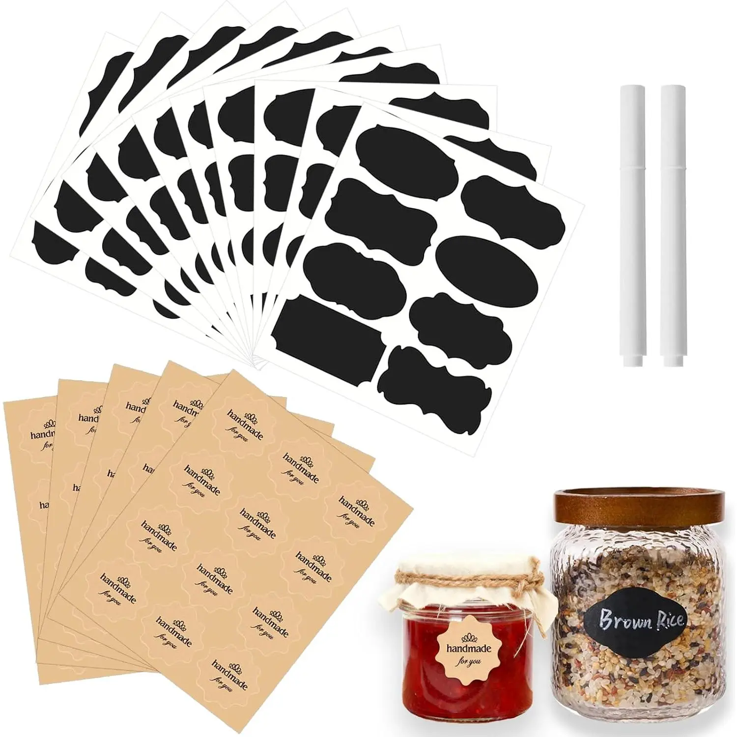 142-Count Canning Label Stickers Set Pack for Mason Jars Labeling, 80 Blackboard Labels, 60 Customizable Stickers, 2 Erasable Chalk Markers for Jam Containers & Crafters
