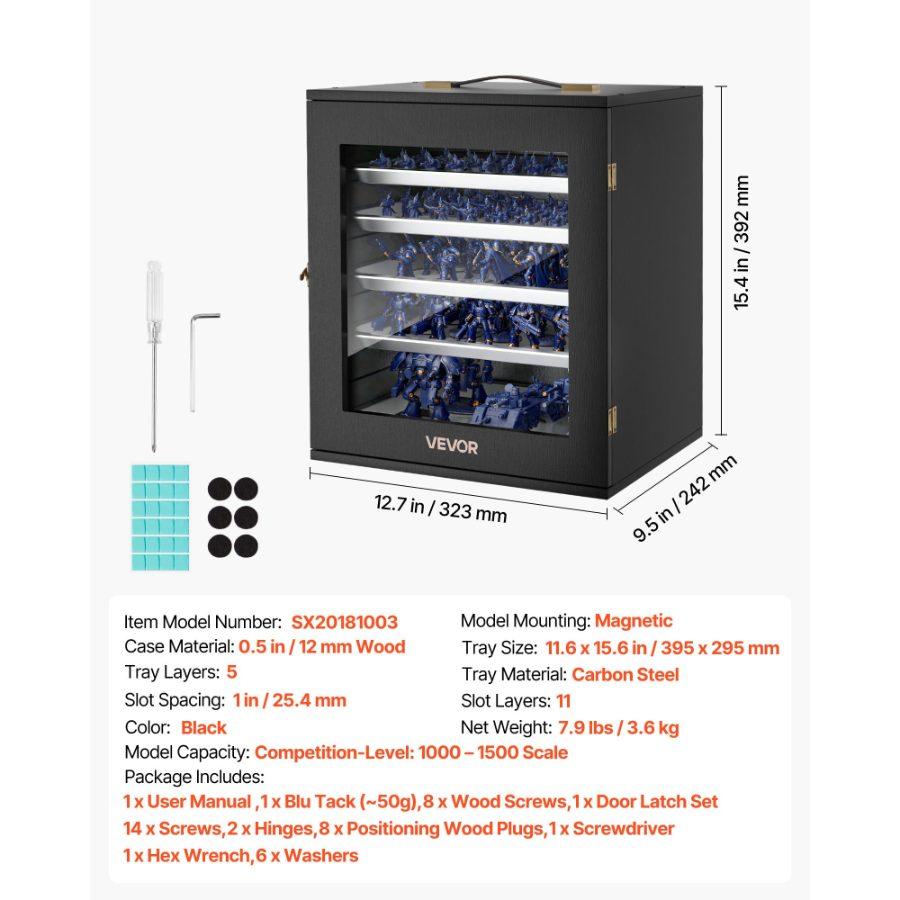 VEVOR Miniatures Storage Case, Warhammer Carrying Case Fits for 1000-1500 Scale Models, DND Gifts Wooden Miniatures Display Holder with 5 Tray 11 Slots, Case for Collectible (Minis Not Included)