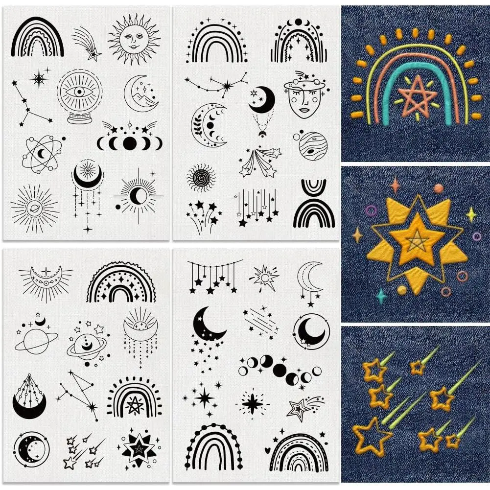 4 Sheets Sun Stars Moon  Stabilizer 8.3" x 11.7" | Water Soluble Hand Sewing Embroidery Paper with Celestial Sky  & Lunar Patterns for DIY Hand Embroidery Craft
