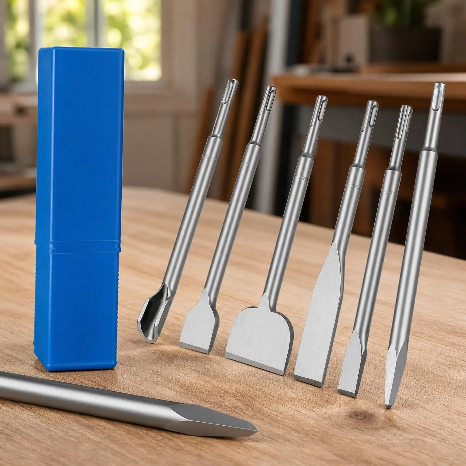 7PCS SDS Plus Chisel Set with Case, 10-Inch Rotary Hammer Chisels for Concrete, Tile & Masonry, Heat-Treated Steel, Includes Point, Flat, Grooving, Scraping, Tile & 3-Inch Scaling Chisel