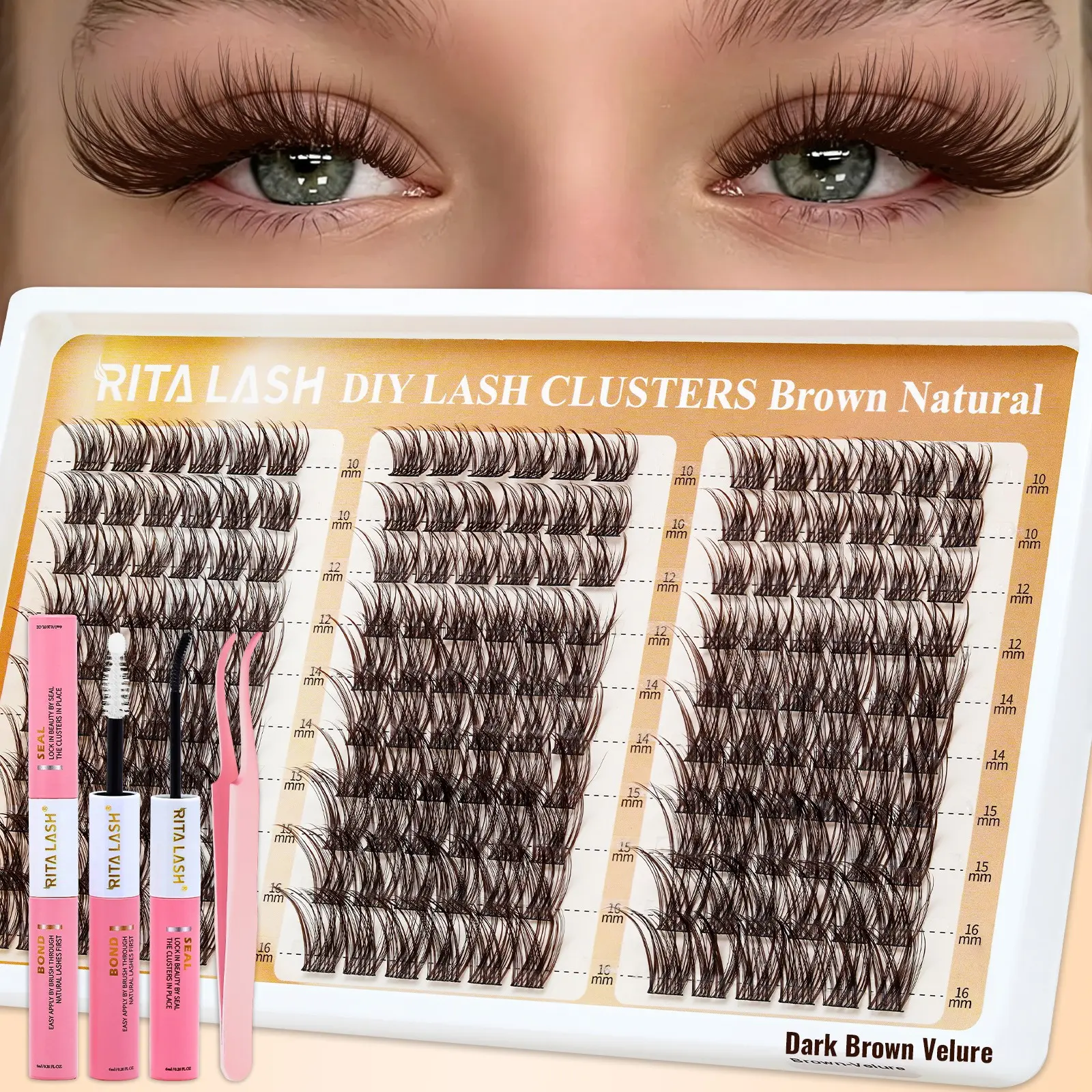RITALASH 180PCS Dark Brown Velure Lash Clusters Natural Clusters Kit Wispy Individual Lashes Clusters DIY Ultra-Light Lash Extensions Soft D Curly Eye Lashes with Bond&Seal and Tweezers