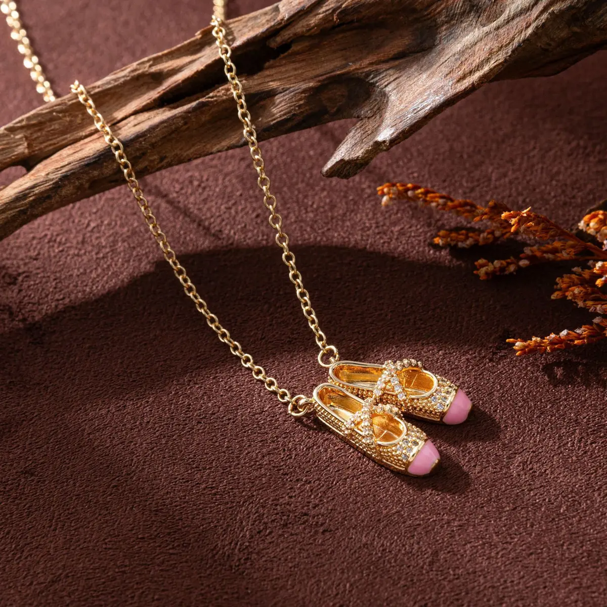 Women's Tiny Pink Ballet Shoe Pendant Necklace - Rhinestone, Shimmering Stones, Copper Gem, Ins Style, Dainty Chain Jewelry Necklaces for Daily Wear#BalletNecklace#GirlyJewelry#DaintyNecklace#WomenJewelry#RhinestoneNecklace, Tiny Ballerina