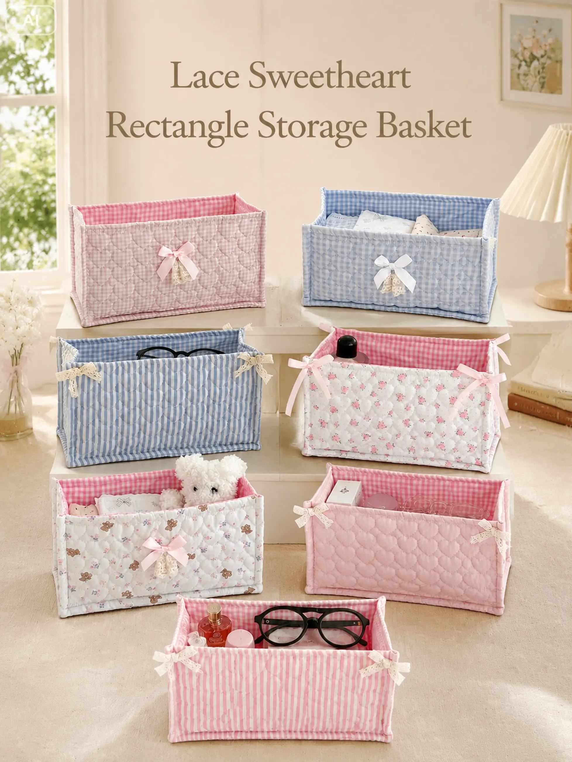 Lace Heart Rectangular Quilted Storage Basket, Butterfly Knot Large Capacity Fabric Box, Desktop Underwear Cosmetics Organizer