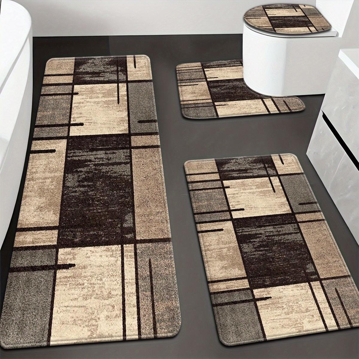 Bathroom Rug Set, Flannel Absorbent Non-Slip Bath Mats, Retro Geometric Grid Design, Washable Floor Mats for Tub, Shower, Toilet, U-Shaped Contour Mat & Lid Cover for Bathroom Decor