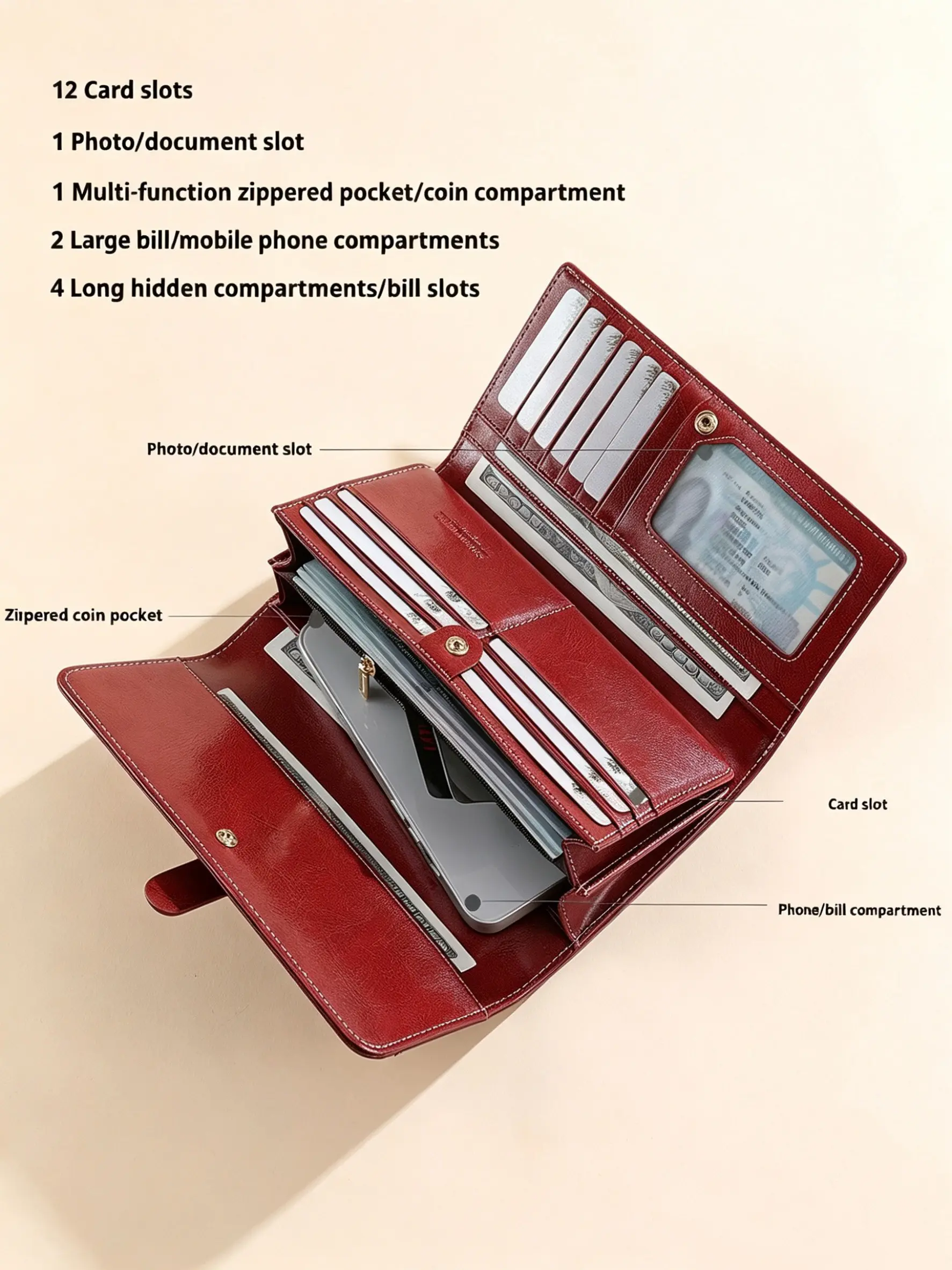Women's Long Wallet Coin Purse, Buckle Money Clip, Multi-Functional Vintage Leather Cash Wallet Case, Anti-Theft, All Seasons, Elegant Style