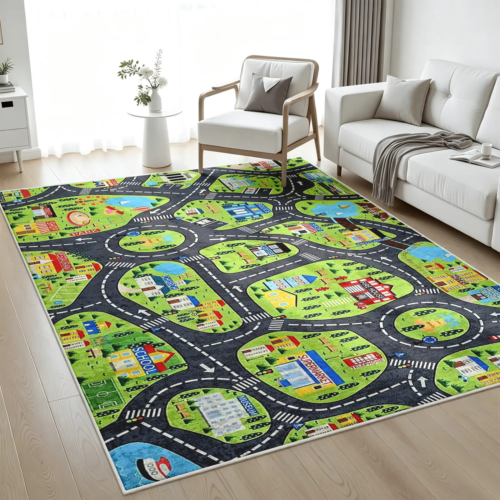 1pc 8x10ft Modern City Road Map Area Rug, Playful Gray and Green Car Play Carpet, Soft, Non-Slip, Machine-Washable Floor Covering, Stain-Resistant, Low-Pile Rug, Aesthetic Decor for Living Room and Bedroom (Various Sizes)