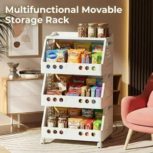 2-5 Tier Stackable Rolling Storage Cart with Wheels, Foldable Storage Shelf, Multi-Purpose Plastic Organizer Rack, Mobile Storage Shelf for Kitchen Pantry, Fruits Vegetables, Snacks, Bedroom and Bathroom