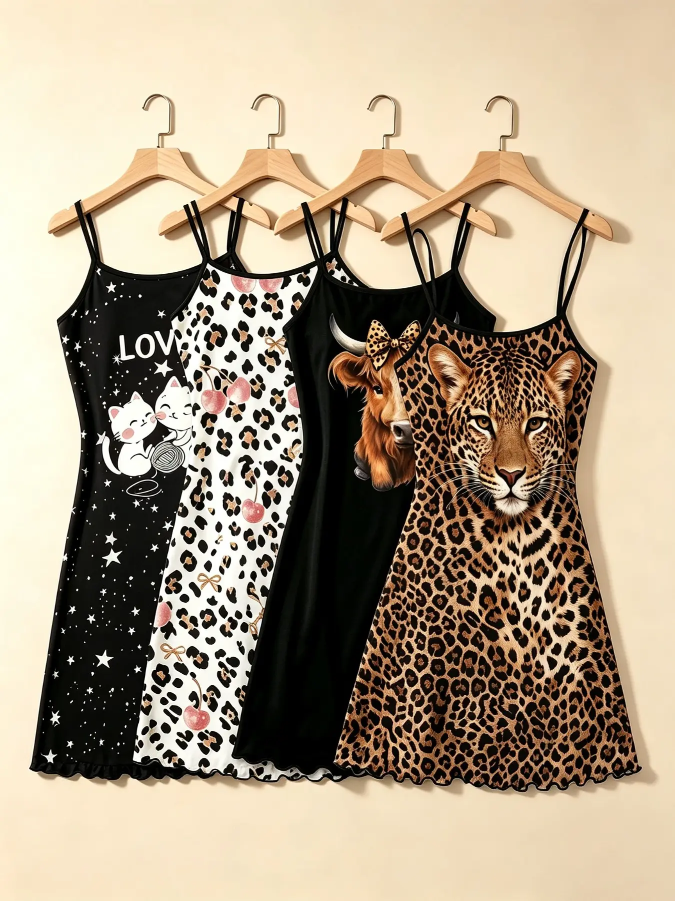 Women's Sleepwear 4 Piece Bundle Y2K Edgy Aesthetic Leopard Highland Cow Print Summer Western Grunge Style Spaghetti Strap Lettuce Ruffle Hem Contrast Trim Silky Soft Breathable Lightweight Fabric Cami Nightdress Home Sleepover Casual Lounge Wear