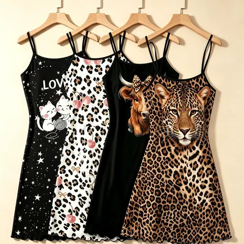 Women's Sleepwear 4 Piece Bundle Y2K Edgy Aesthetic Leopard Highland Cow Print Summer Western Grunge Style Spaghetti Strap Lettuce Ruffle Hem Contrast Trim Silky Soft Breathable Lightweight Fabric Cami Nightdress Home Sleepover Casual Lounge Wear