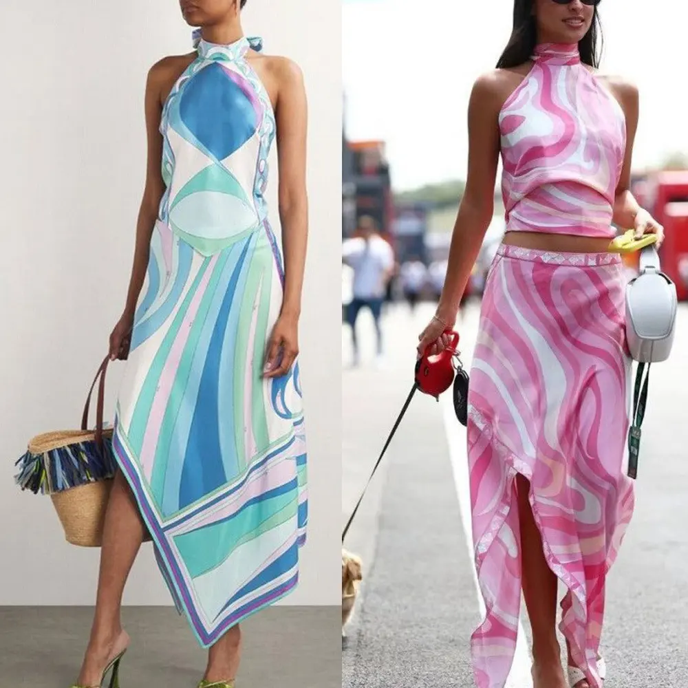 Summer Sexy Printed Tie-Strap Top and Skirt Two-Piece Women's Outfit