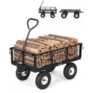 Heavy Duty Steel Garden Utility Cart, 800 LBS Max Load Yard Wagon with 10 Inch All-Terrain Pneumatic Tires, Detachable Mesh Side Panels, Multipurpose Outdoor Landscaping Transport Trolley Available in Black & Gray