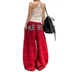 Red Plaid Baggy Sweatpants – Women’s Wide Leg Streetwear Pants, Loose Y2K Hip Hop Casual Trousers, Rhinestone Letter Graphic Bottoms, TikTok Trendy Summer Outfit