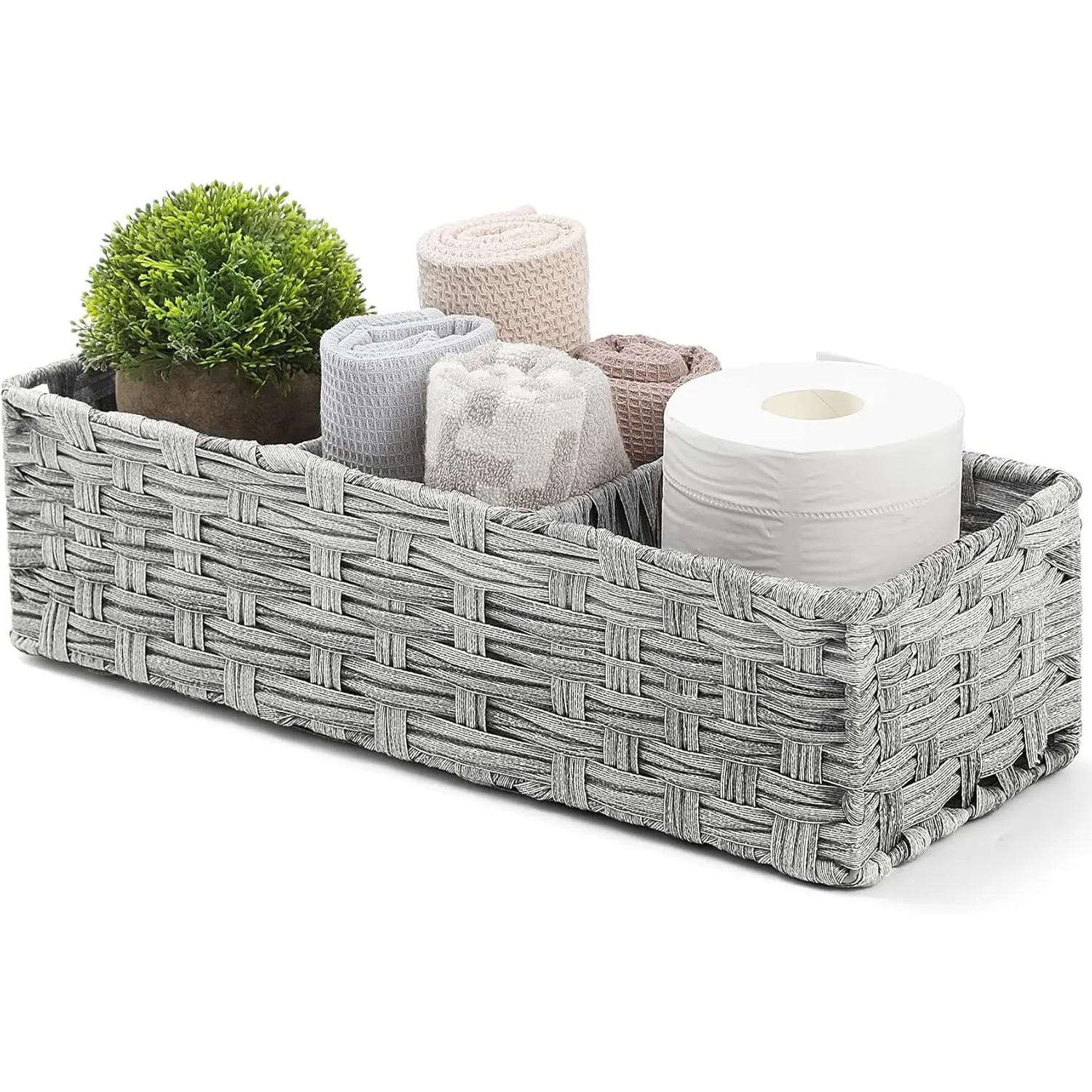 [Larger Compartments] Toilet Tank Topper Paper Basket - Multiuse Hand Woven Plastic Wicker Basket with Divider for Organizing, Rustic Farmhouse Bathroom Decor, Countertop Organizer Storage, Gray Wash