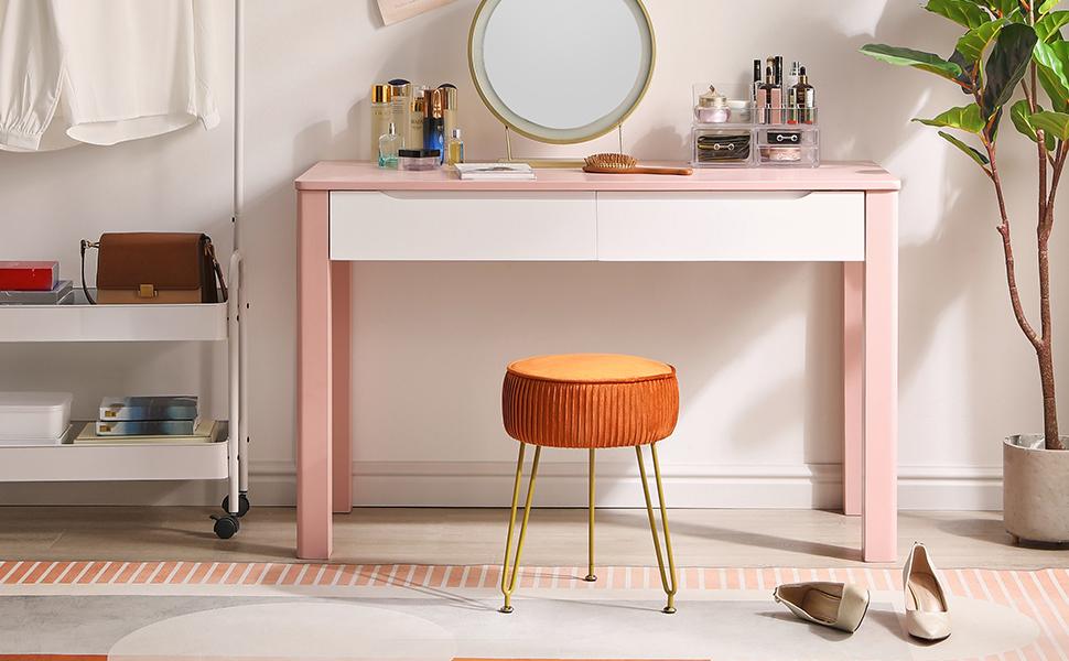 Velvet Round Footrest Stool Ottoman, Makeup Vanity Stool Side Table, Velvet Dressing Table Seat, Pouf Couch Stool, Golden Steel Legs, Orange