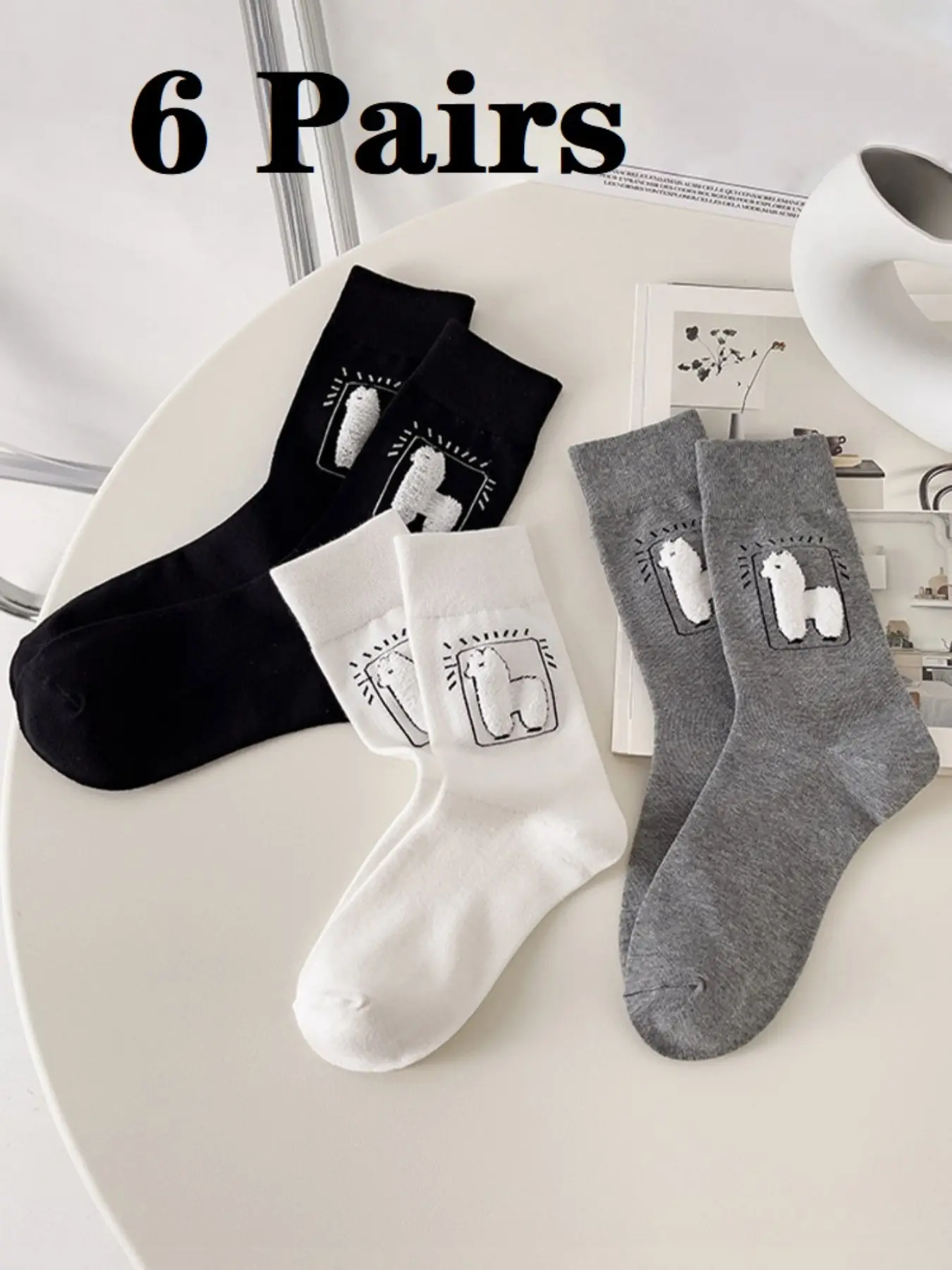 6 Pairs Cute Cartoon Alpaca Socks for Women, Medium-Length Spring & Fall Socks, Perfect for Daily Wear in Autumn Winter