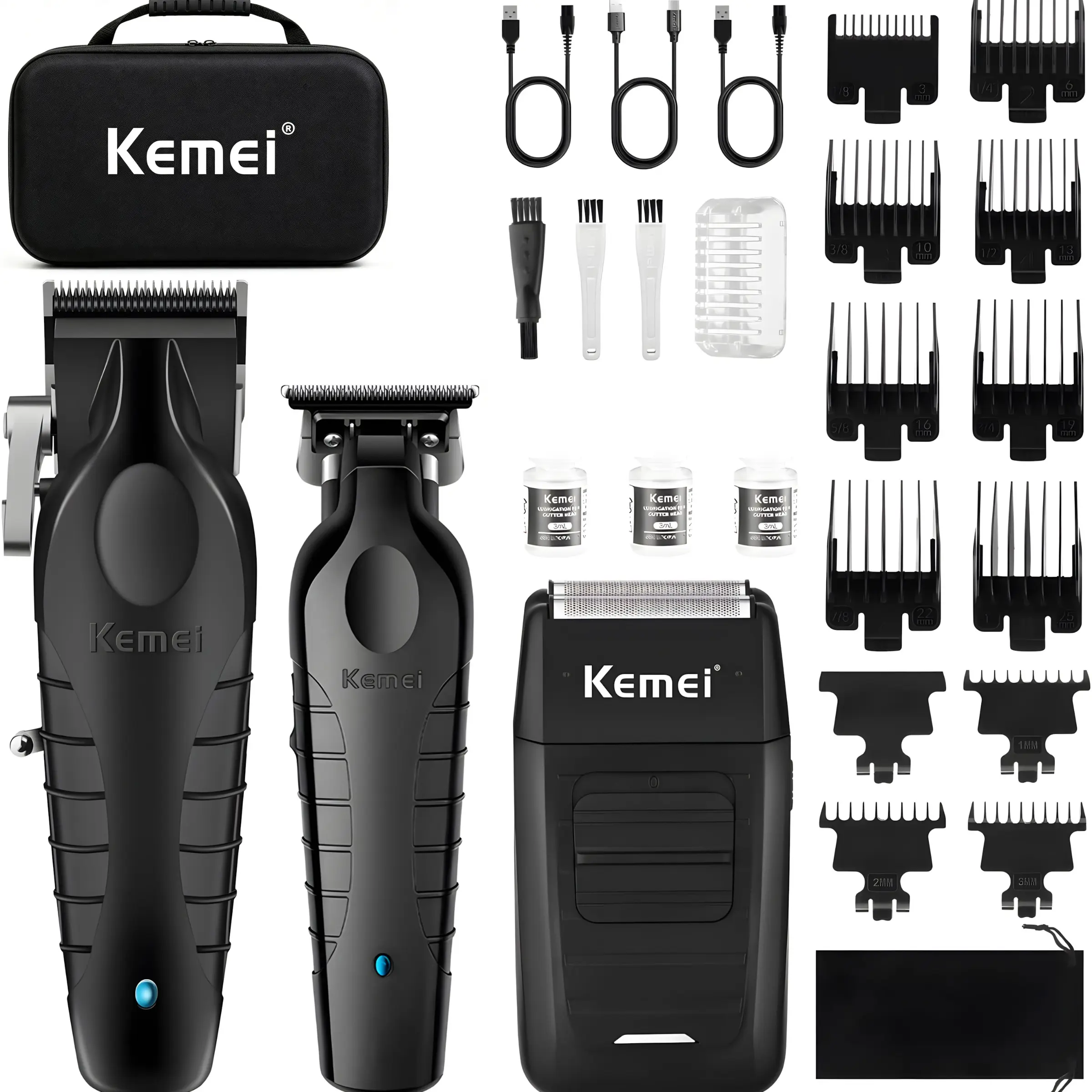 Kemei Km2296+km2299+km1102 Electric Hair Clipper Razor Kit, Includes 6 Oil Bottles, Limited Comb, Cleaning Brush, Precise Trimming, Comfortable Grip