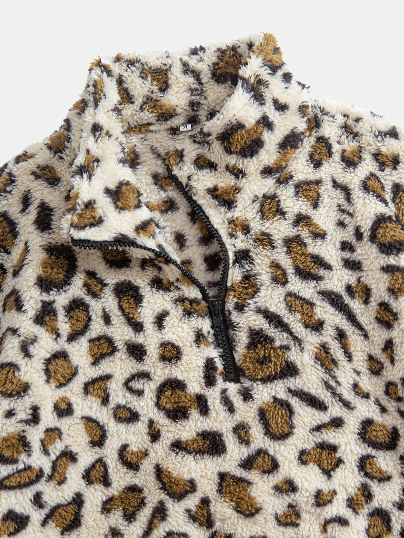 Men's Leopard Print Pocket Half Zip Plush Sweatshirt, Loose Casual Long Sleeve Drop Shoulder Fuzzy Pullover for Winter, Fashion Men's Clothes for Daily Wear, Casual Sweatshirts