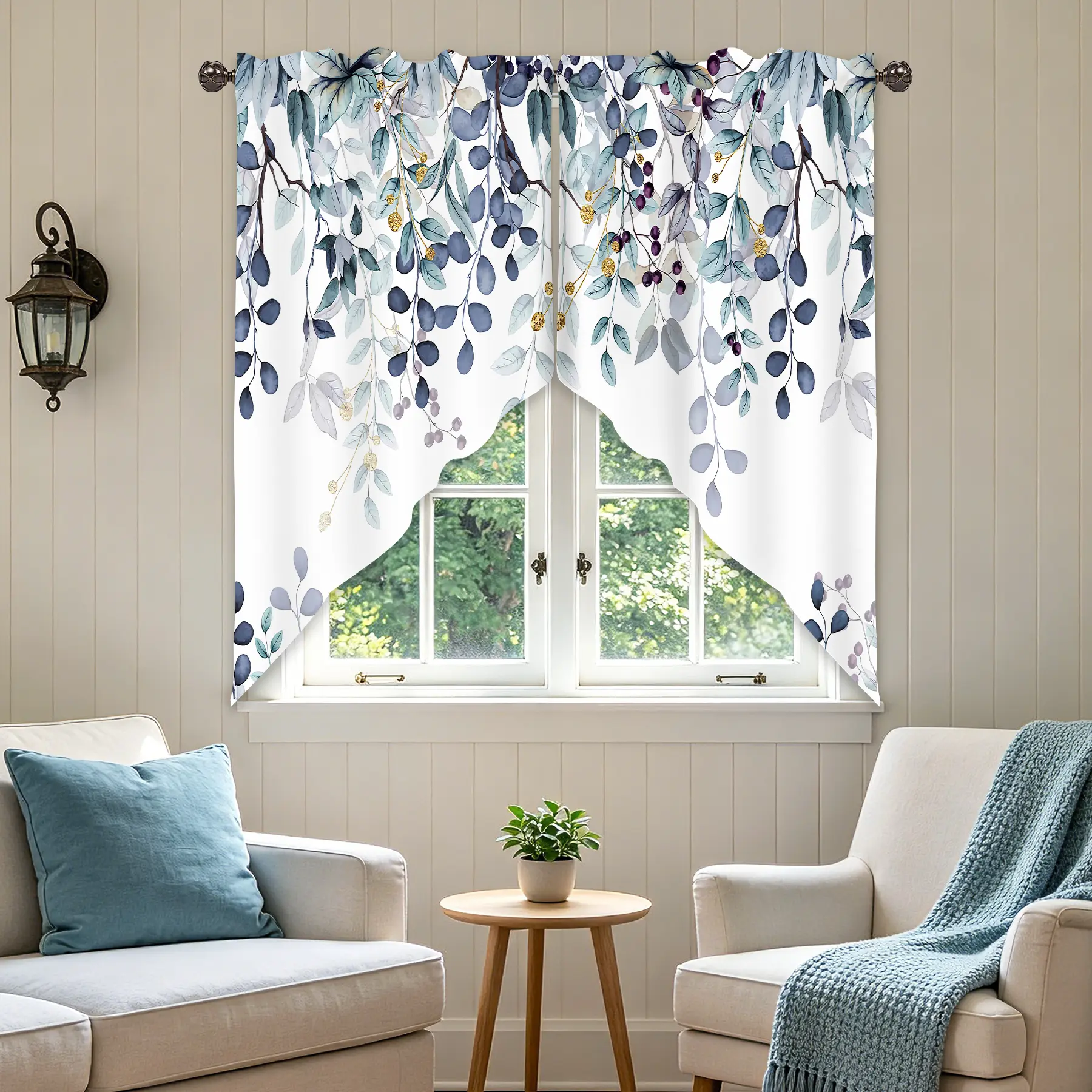 Watercolor Eucalyptus Swag Window Valance - Dark Blue Leaves, 28x36 Inch Light Filtering & Privacy Fade Resistant Curtain Topper for Kitchen, Bathroom, Dining Room, Basement, Holiday Gift Idea, 100% Premium Processed Polyester