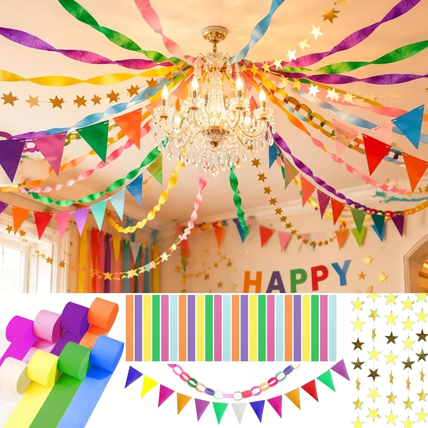 Synthetic Modern Rainbow Party Decoration Kit - 656ft Crepe Paper, 600 Chain Strips, 13ft Garland, 4 Triangle Flag Banners, Double-Sided Tape for Happy Birthday, Celebration, Party Fun