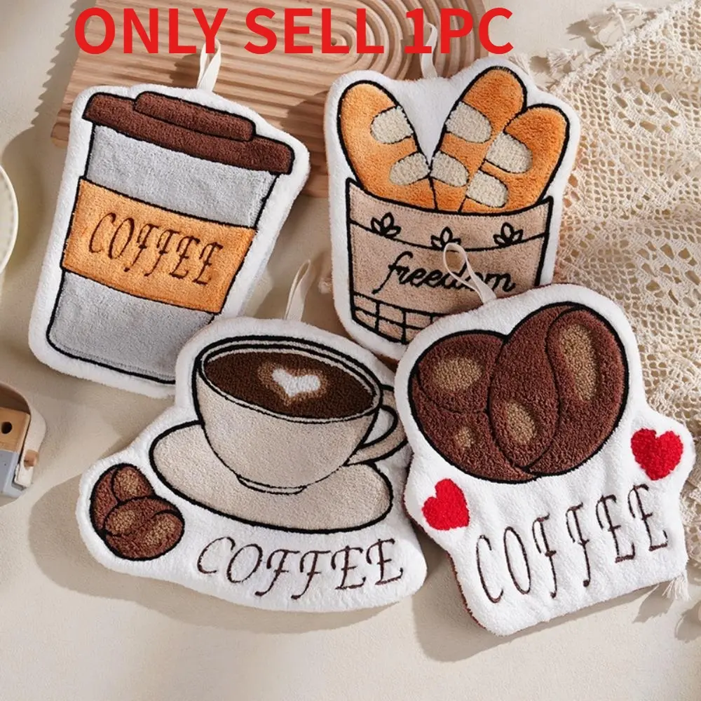 Coral Fleece Hanging Towels with Cartoon Coffee & Bread Print, Super Absorbent Lint-Free Hand Towels, Decorative Cloths for Kitchen and Bathroom Use