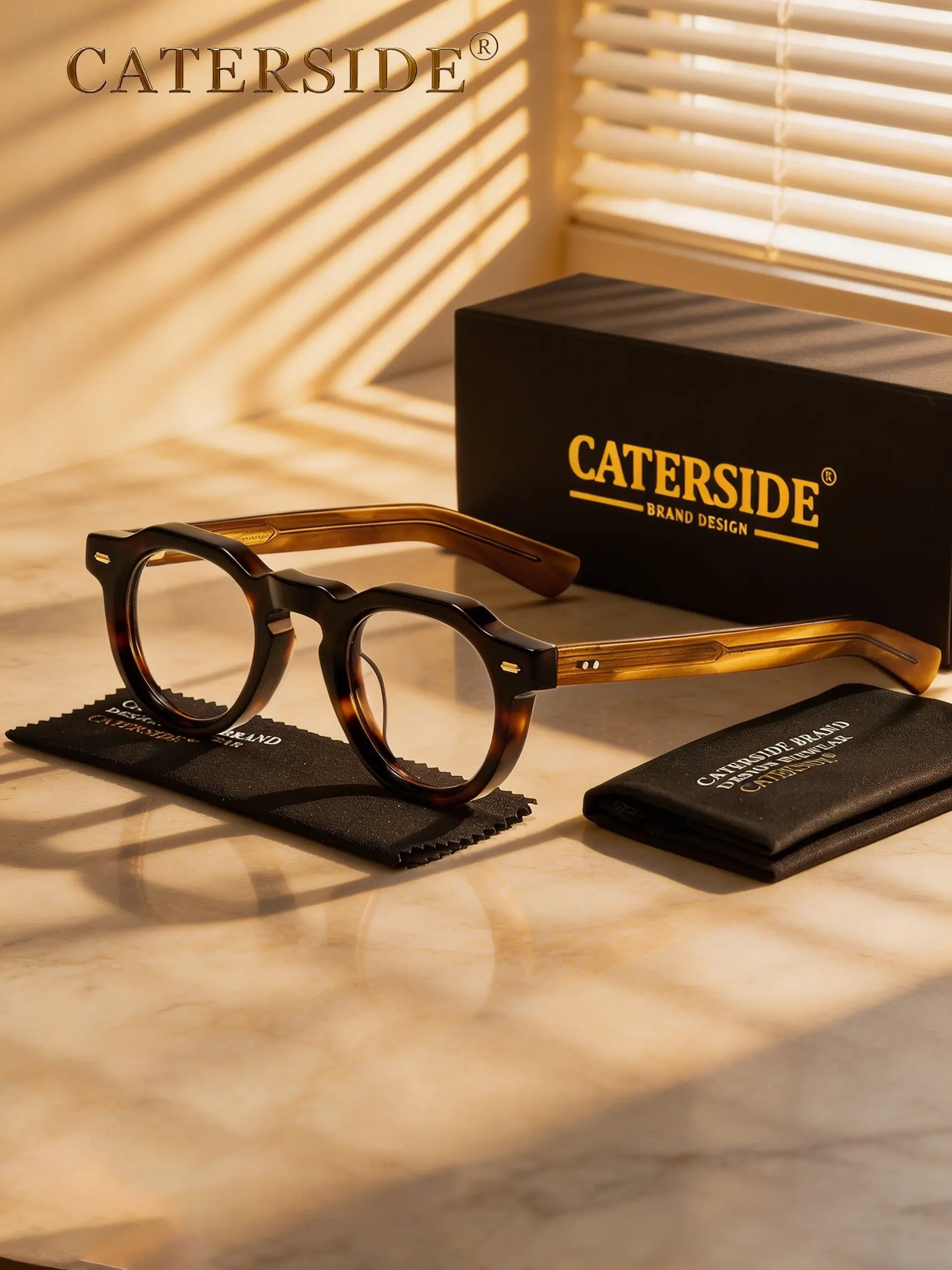 CATERSIDE 1 count with packaging — Round acetate glasses, blue-light blocking retro round non-prescription premium acetate frames, comfortable & durable. Unisex. Perfect for shopping, gifting, parties, street photography, fashion styling, travel.