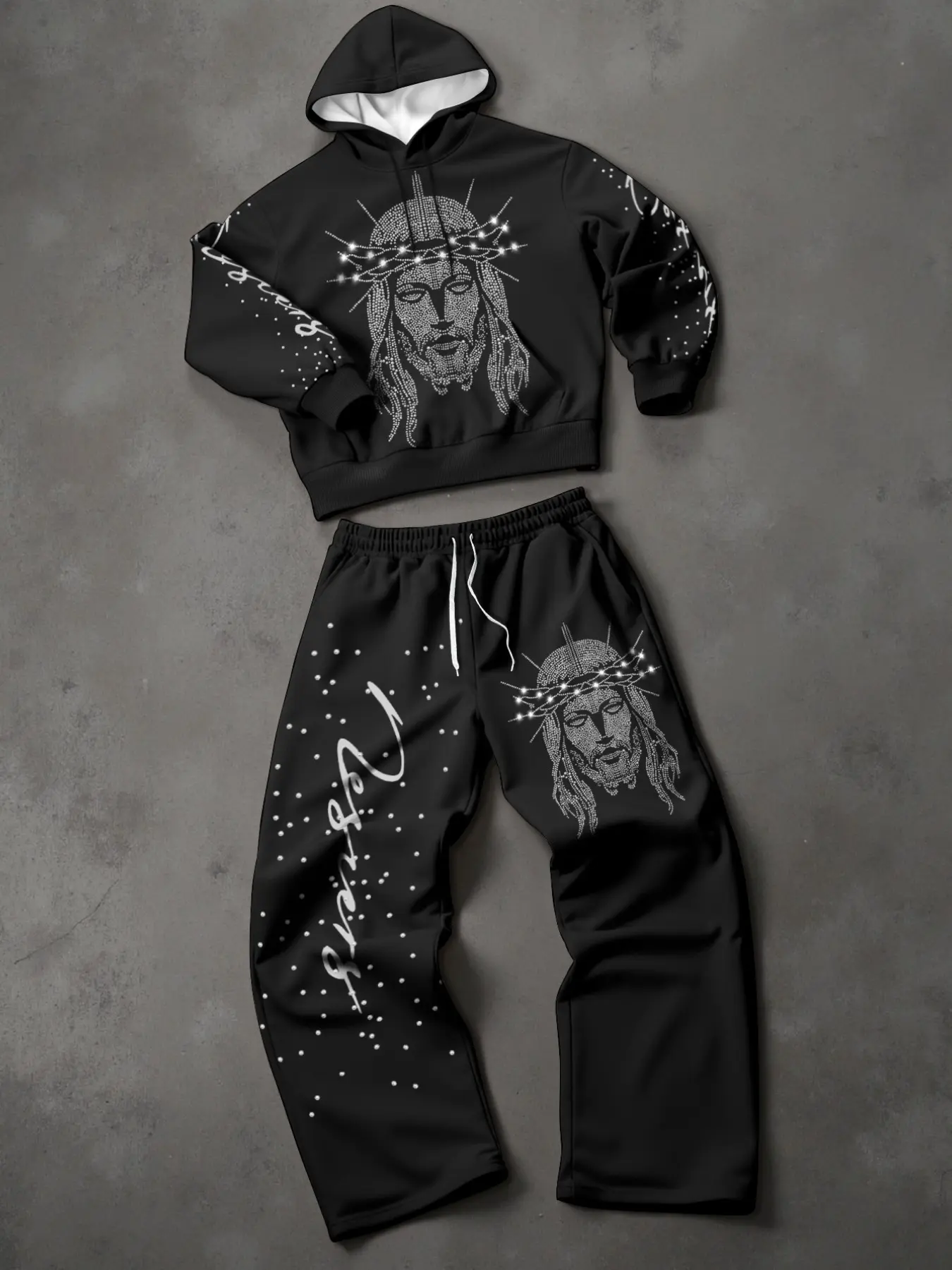 Y2K Streetwear Sportswear Set, Rhinestone Thorn Jesus Print, Hooded Sweatshirt + Elastic Drawstring Wide Leg Pants, Trendy Fashion