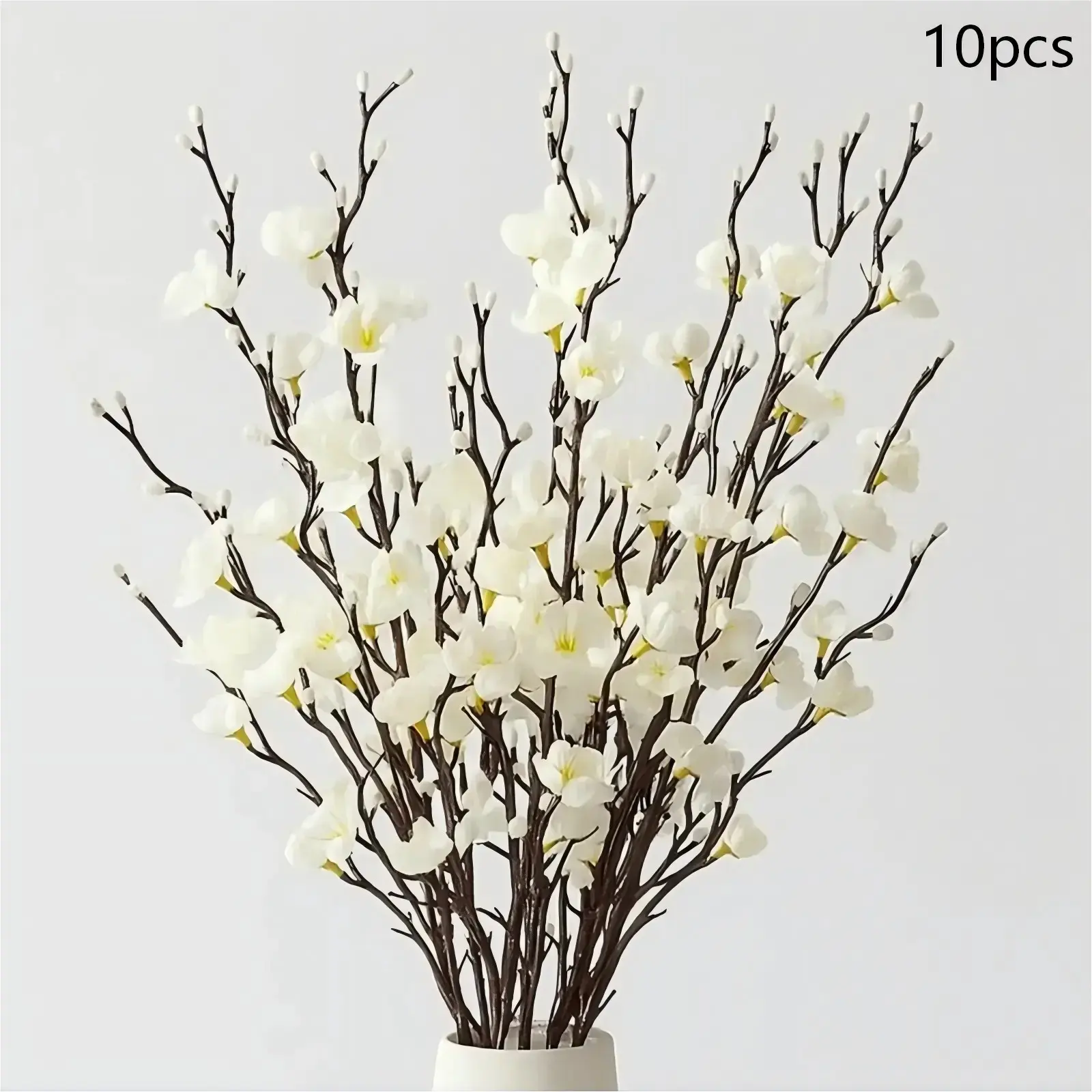 10Pcs Realistic Faux Plum Silk Cherry Blossom Artificial Branches - Decorative Long-Stem Fake White Flowers for Home, Room Decor, Aesthetic Home Decor Table Centerpieces (Vase Not Included)