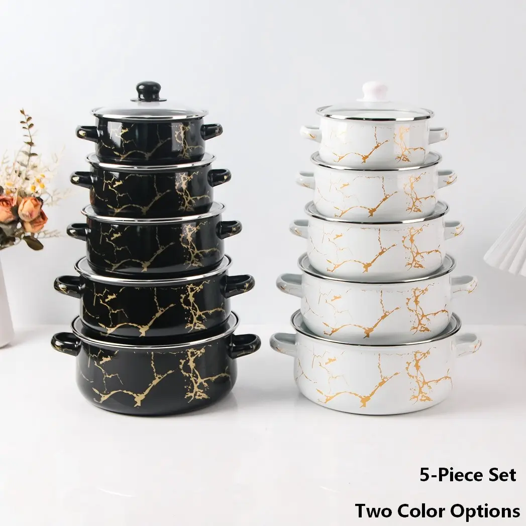 5pc Enamel Pot Set, Thickened Dual-Handle Soup Pots, High-Temperature Cooking, Kitchenware for Electric Stove, Gas, Not Microwave Safe