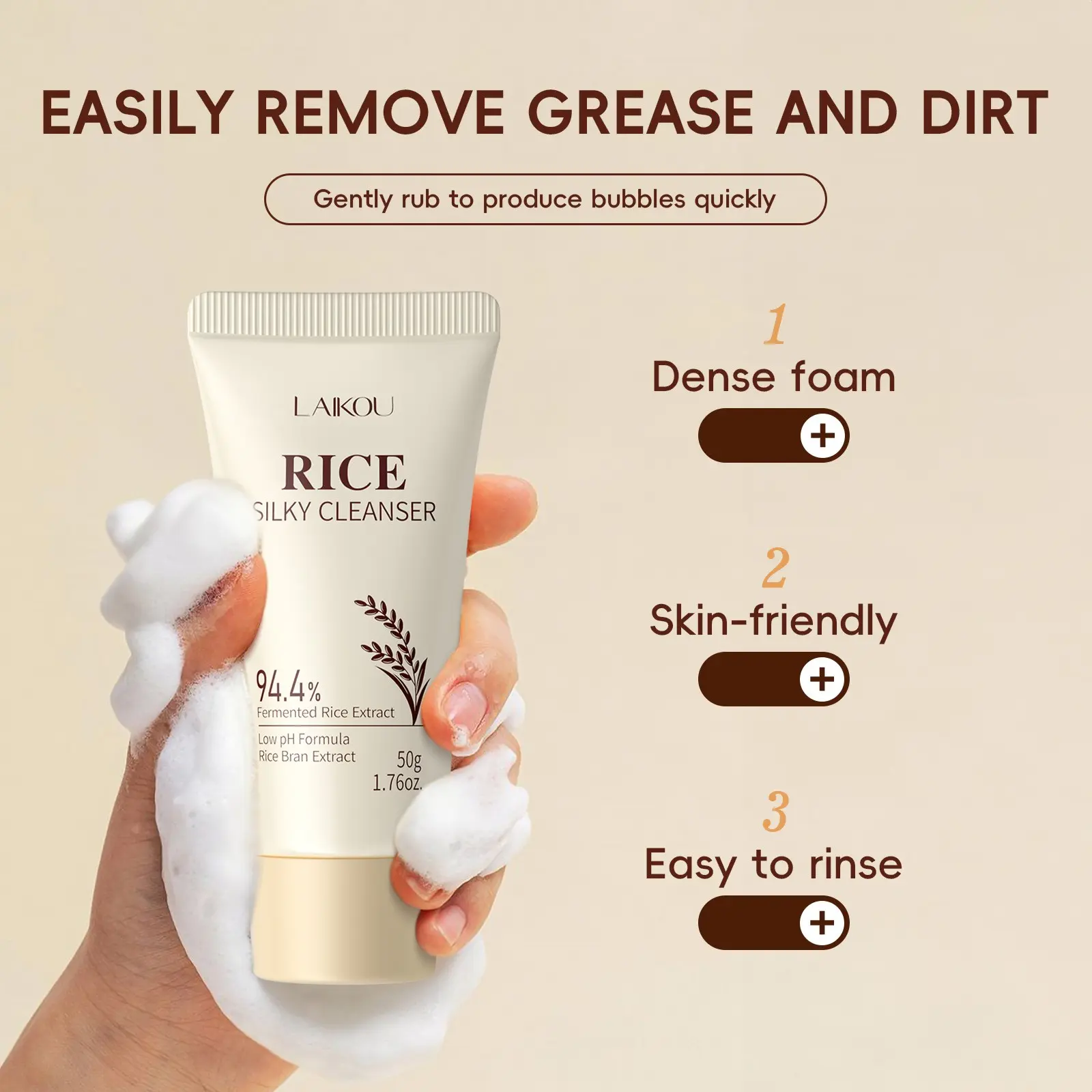 Rice Cleansing Milk 50g, Gentle Face Wash with Rice Extract, Gentle Cleanser, Brightening Hydrating Moisturizing, Suitable for Sensitive Skin, Deep Cleanse, Portable,Deep Cleanses Without Drying , Perfect for AM PM Routine , Travel Friendly