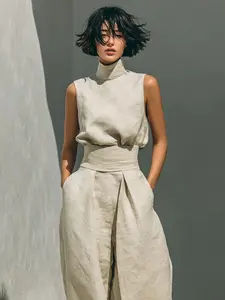 D8719 Classic High Neck Linen Athleisure, Sleeveless Top Matched with Wide Leg Trousers, Elegant Quiet Luxury Style.