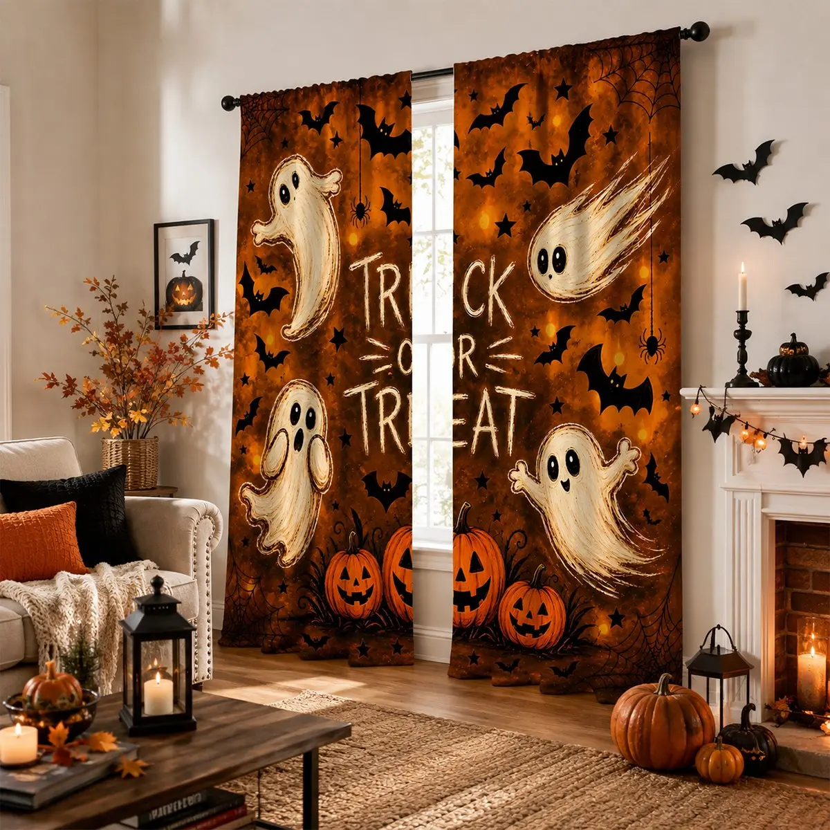 2pcs Halloween ghost pumpkin semi-blackout curtains, retro cartoon ghost bat spider web Trick or Treat printed fabric curtains, pocket rod installation, polyester material, suitable for bedrooms, kitchens, studies, etc.