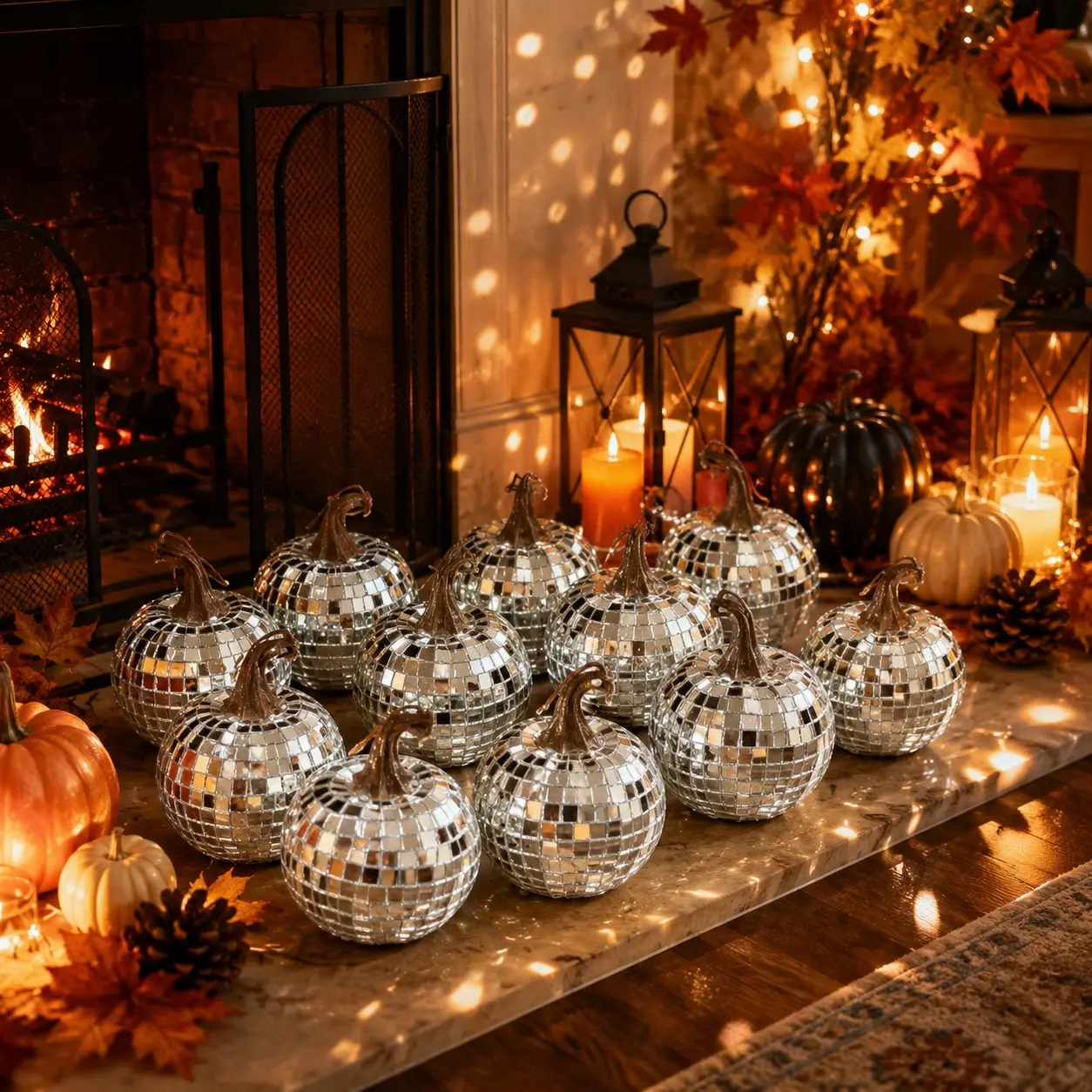 12-Piece Pumpkin Disco Ball Set, Halloween Party Home Decor, Photography Props, Mirror Glass Pumpkins, Festive Decoration, Reflective