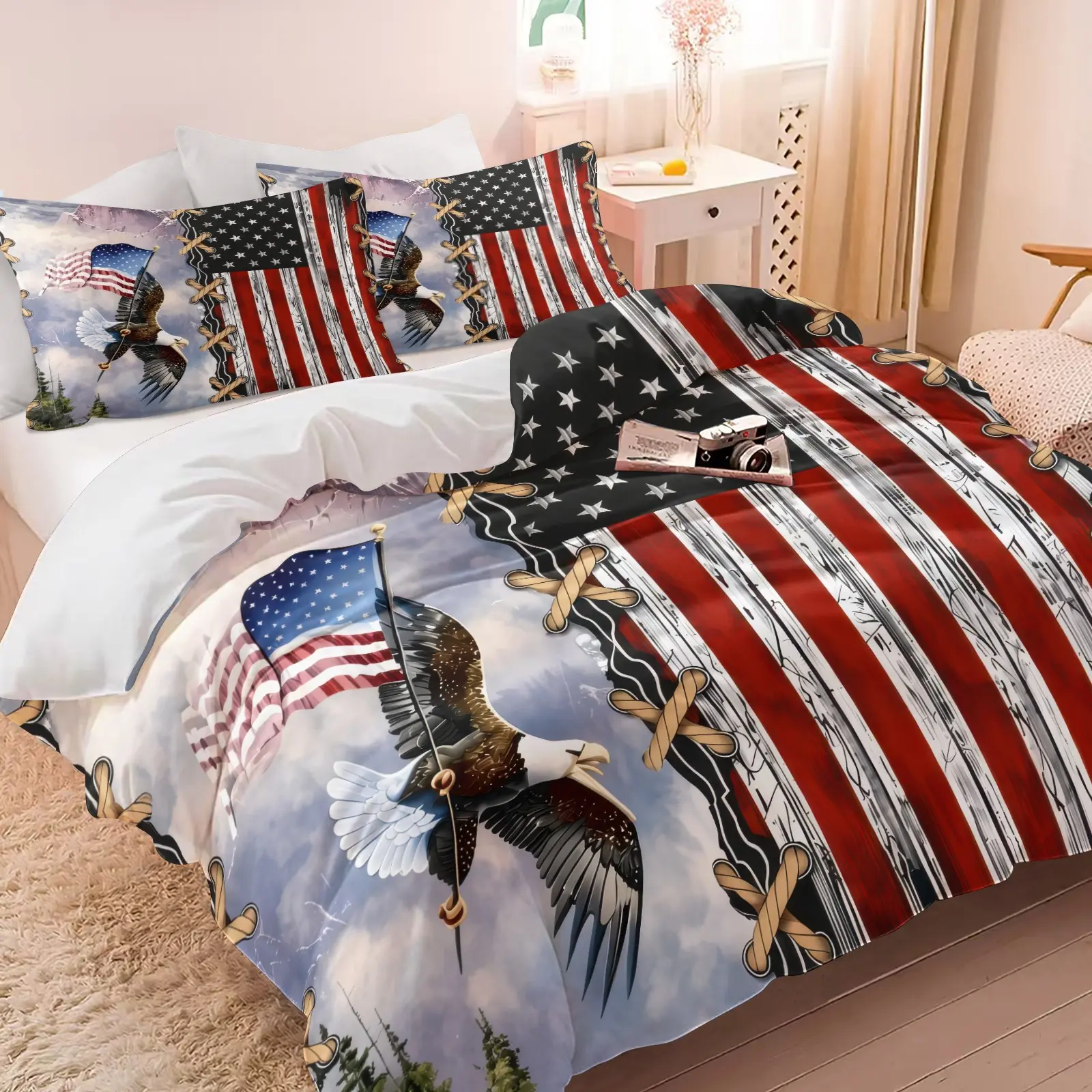 Vintage American Flag Bald Eagle Print Duvet Cover Set, 1 Duvet Cover & 1/2 Pillowcases No Filling, Soft Microfiber Patriotic Bedding Set, Rustic Home Decor Gift for Patriotic Men, Veterans, USA Lovers Bedroom Dorm