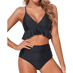 Tempt Me Two Piece Swimsuit for Women High Waisted Bikini Set Ruffle Flounce Tummy Control Bathing suit with Full Coverage Bottom Deep V Neck Criss Cross Bikini Top with Ruched Bikini Bottoms