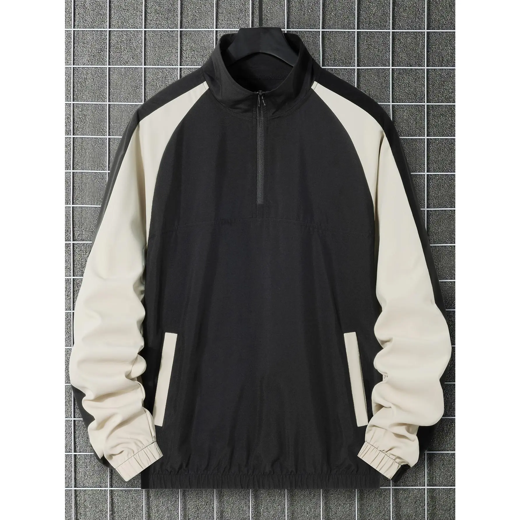 Men Black Off‑White Raglan Half Zip Windbreaker Pullover Jacket Stand Collar Elastic Cuff Hem Wind‑Resistant Outerwear Spring Fall Mens Outer Jacket