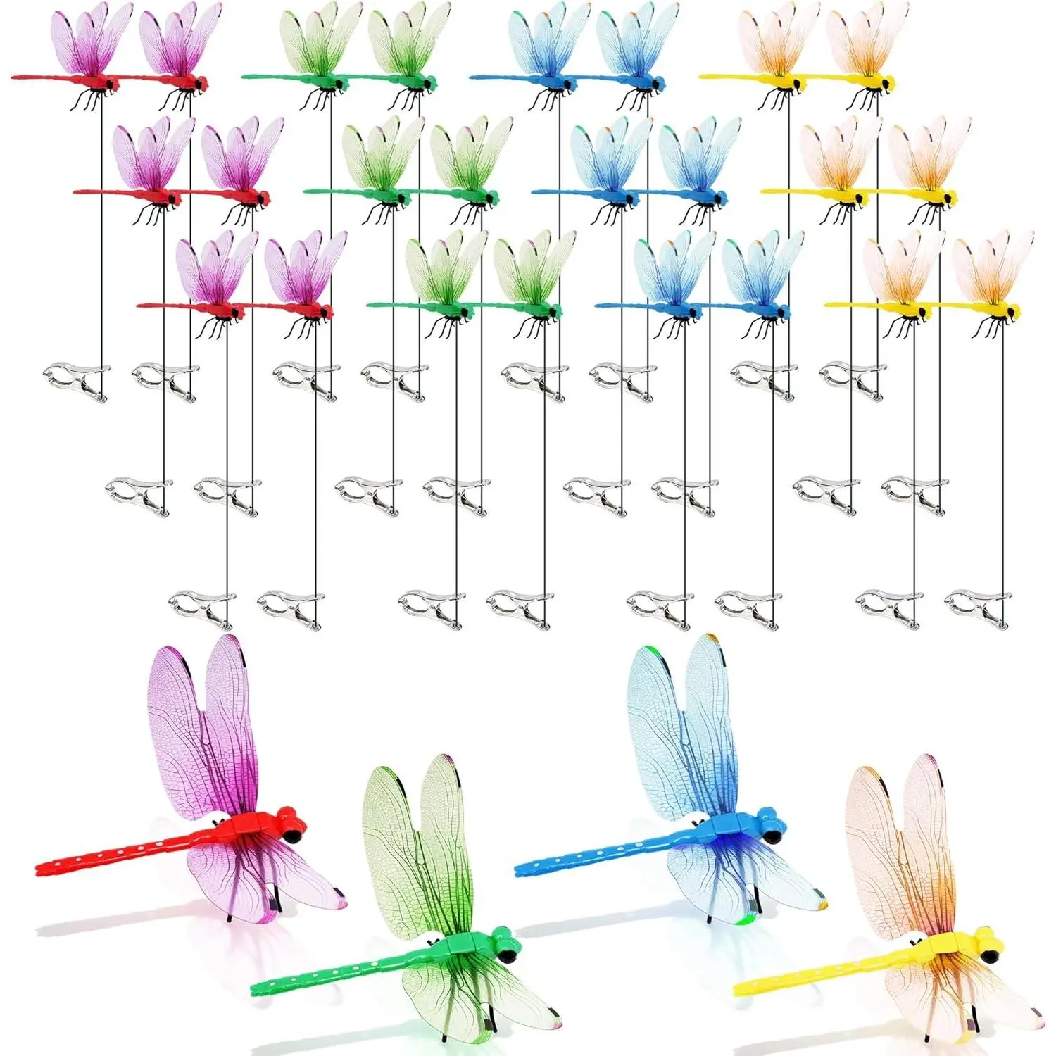 24 Pack Dragonfly Clips, Fake Dragonflies with Stakes, Realistic Plastic Dragonfly Garden Decorations, Fly Deterrent Clips for Hats, Pets, Horses, Deer, Yard, Patio, Indoor & Outdoor Decor