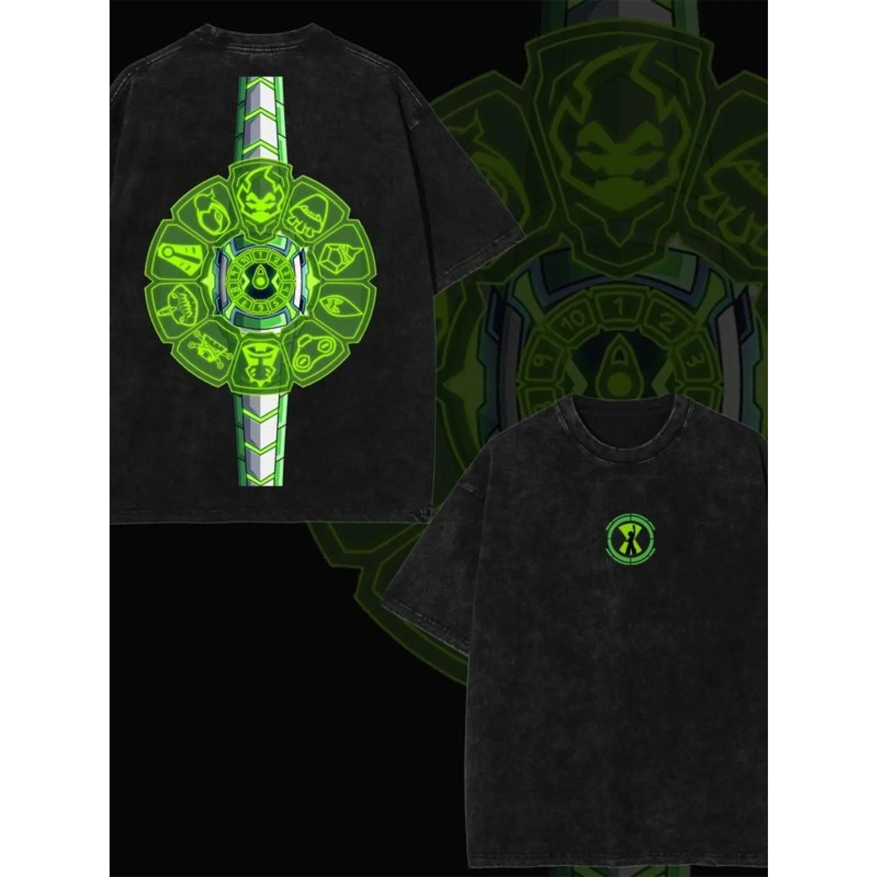 Mens Heavyweight Acid Washed 100 Percent Cotton Crew Neck Short Sleeve Tee Ben 10 Omnitrix Alien Double Sided Cartoon Graphic Breathable Loose Vintage Streetwear Casual Top Ideal Comic Fan Holiday Birthday Gift Adult Men All Season Summer Outfit