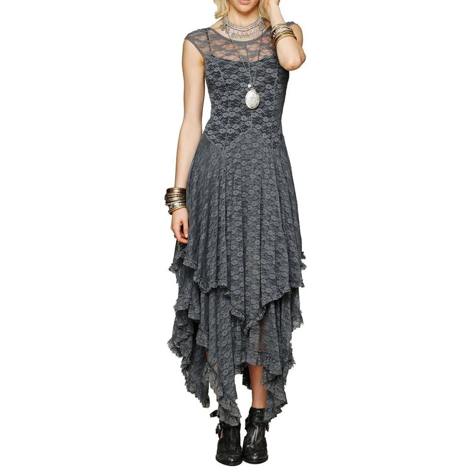 R.Vivimos Womens Sleeveless Backless Asymmetrical Layered Lace Long Dress with Slip Two Pieces