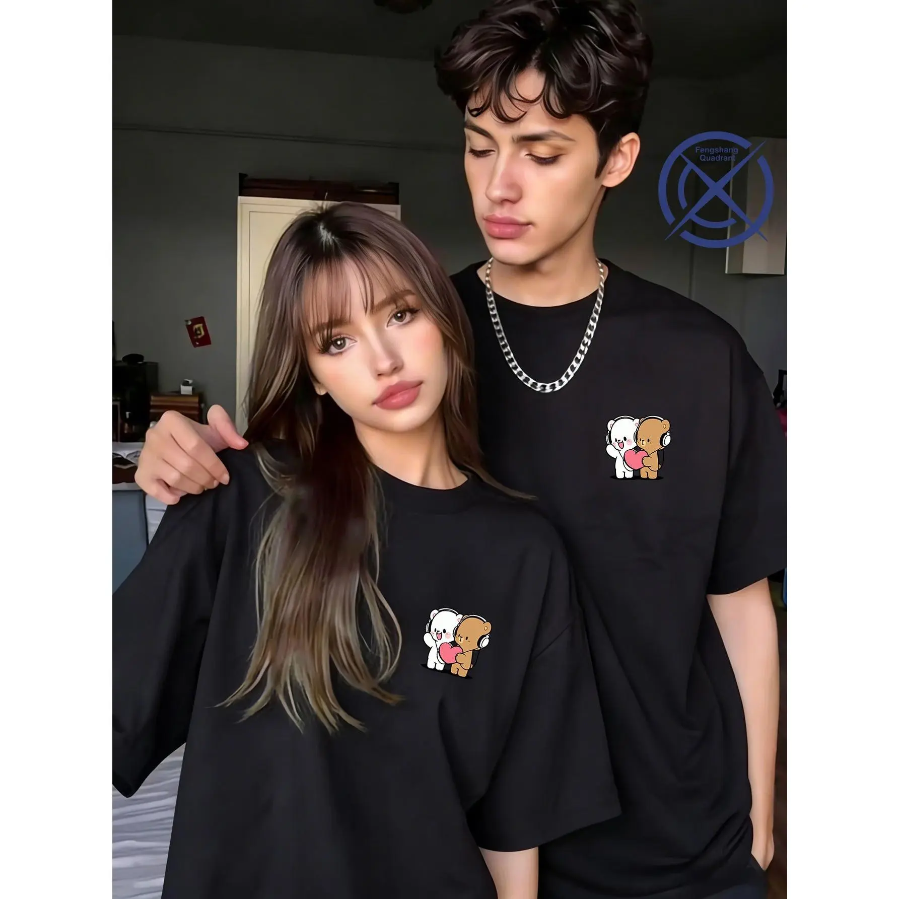 Couple T-Shirts Featuring Bear Designs, Perfect for Listening to Music Together. Short-Sleeved, One-Piece Outfits Ideal for Dates, Gatherings, Or Travel. Versatile for Various Occasions