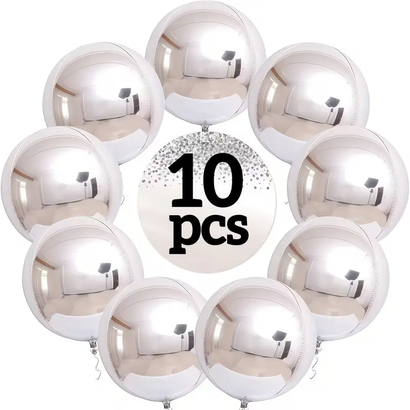 10-Pack Silver Color Foil Balloons, 10-Inch 4D Round Foil Balloons, Small Silver Metal Ball Balloons for Graduation, New Year, Christmas, Birthday Parties